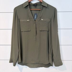 Express Olive Utility Blouse Gold Zip Pockets Minimal Chic Modern NWT M